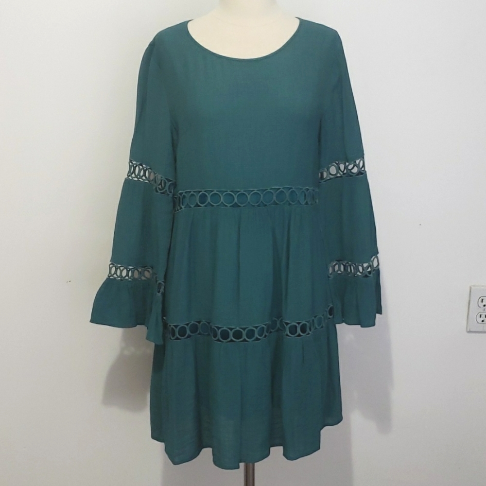 NWT ENTRO Boho Tiered Hippie Dress Deep Green Size M